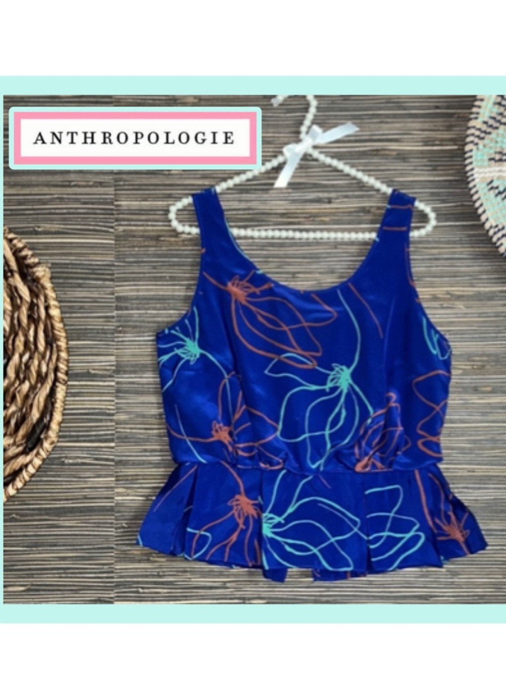 Anthropologie Sariah Spindleflower Tank Peplum Top Sz 10 Electric Blue